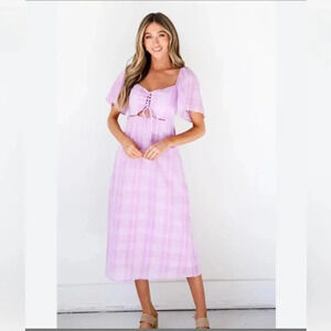 Lush Dresses Lilac and White Plaid Lace up Top Smocked Back Women's M NWT